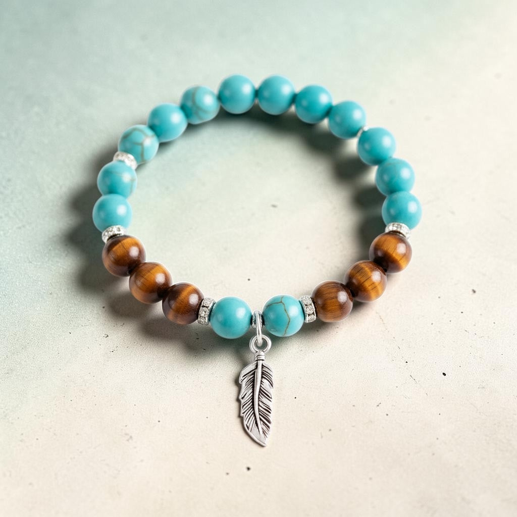 Turquoise & Tiger Eye Bracelet - Feather Charm - (8-8.5mm) 7.15-7.25"