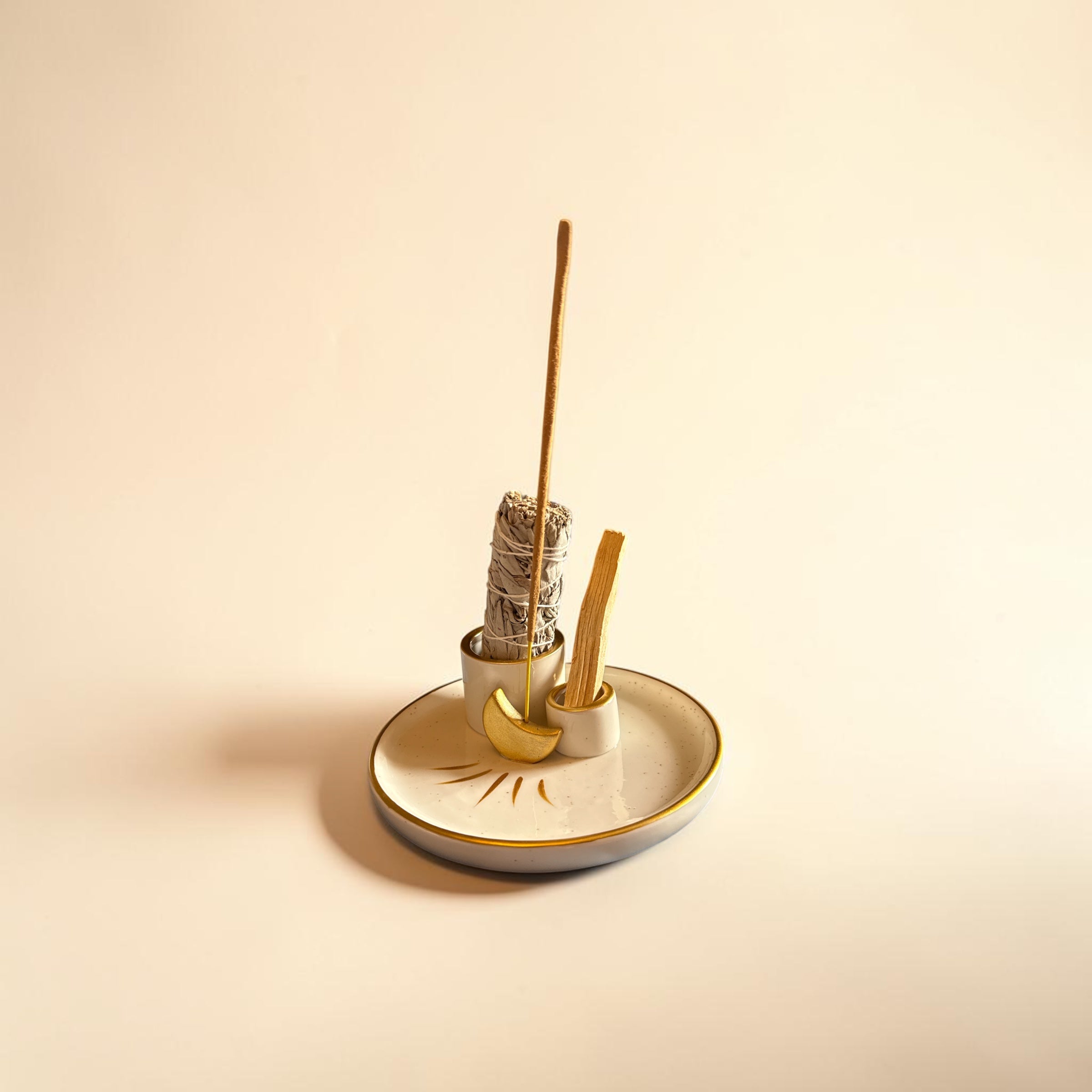 Gold Moon Ritual Dish – Palo Santo, Sage & Incense Holder