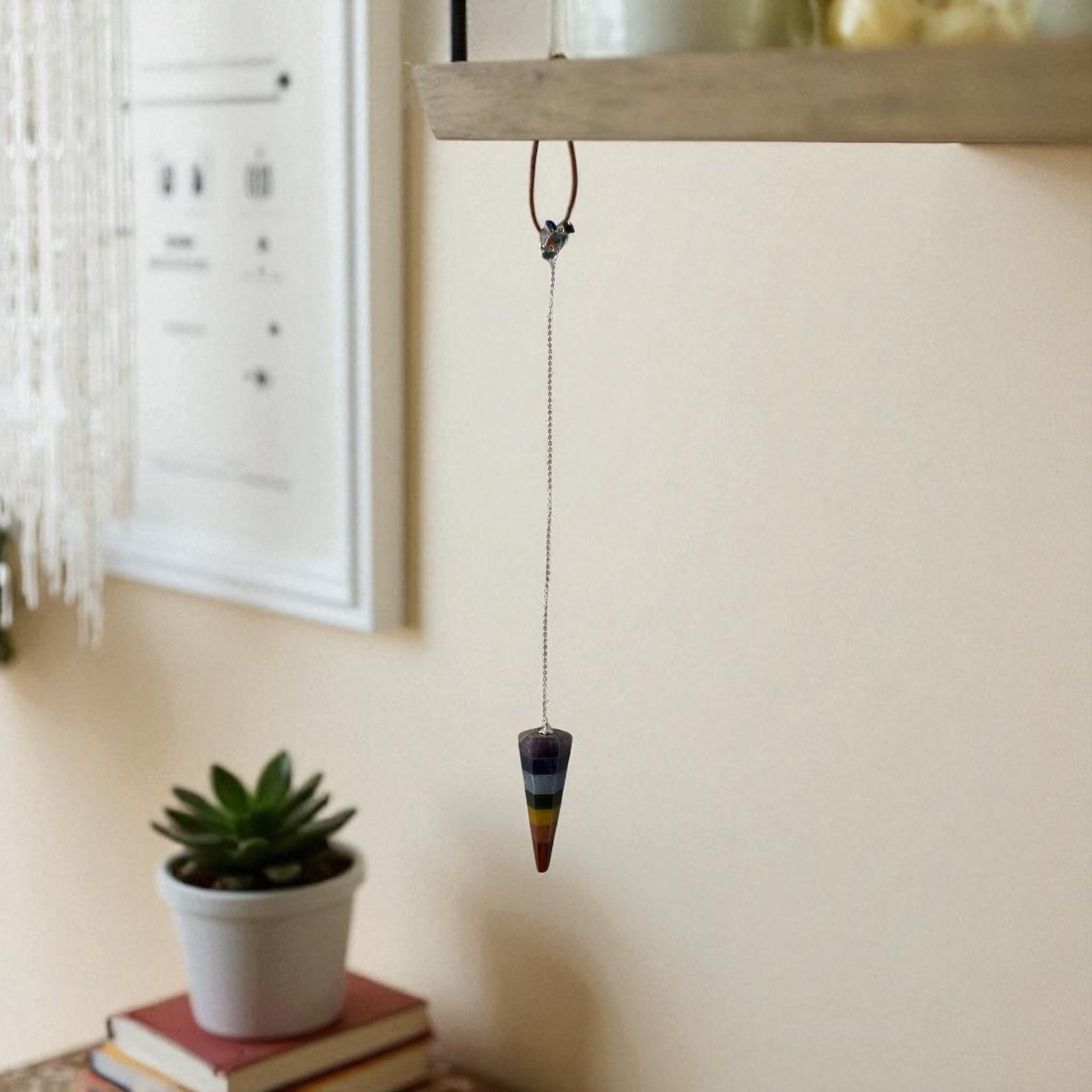 🔷 Hexagonal Chakra Layered Pendulum – 9″L with Chip Accents