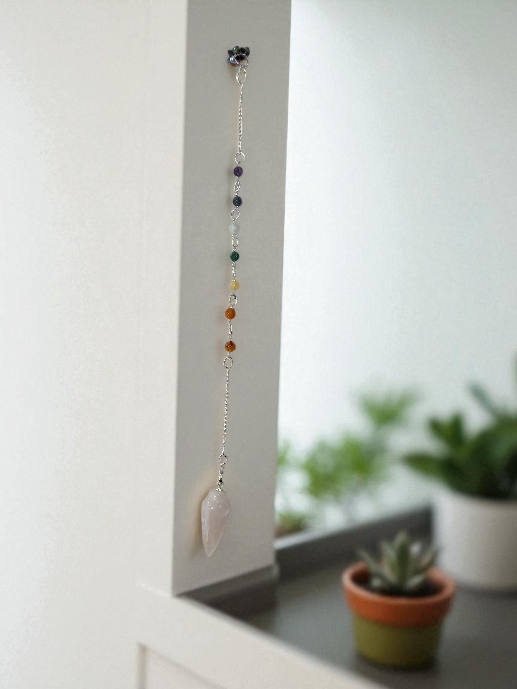 🌸 Teardrop Rose Quartz Chakra Pendulum – 10″L