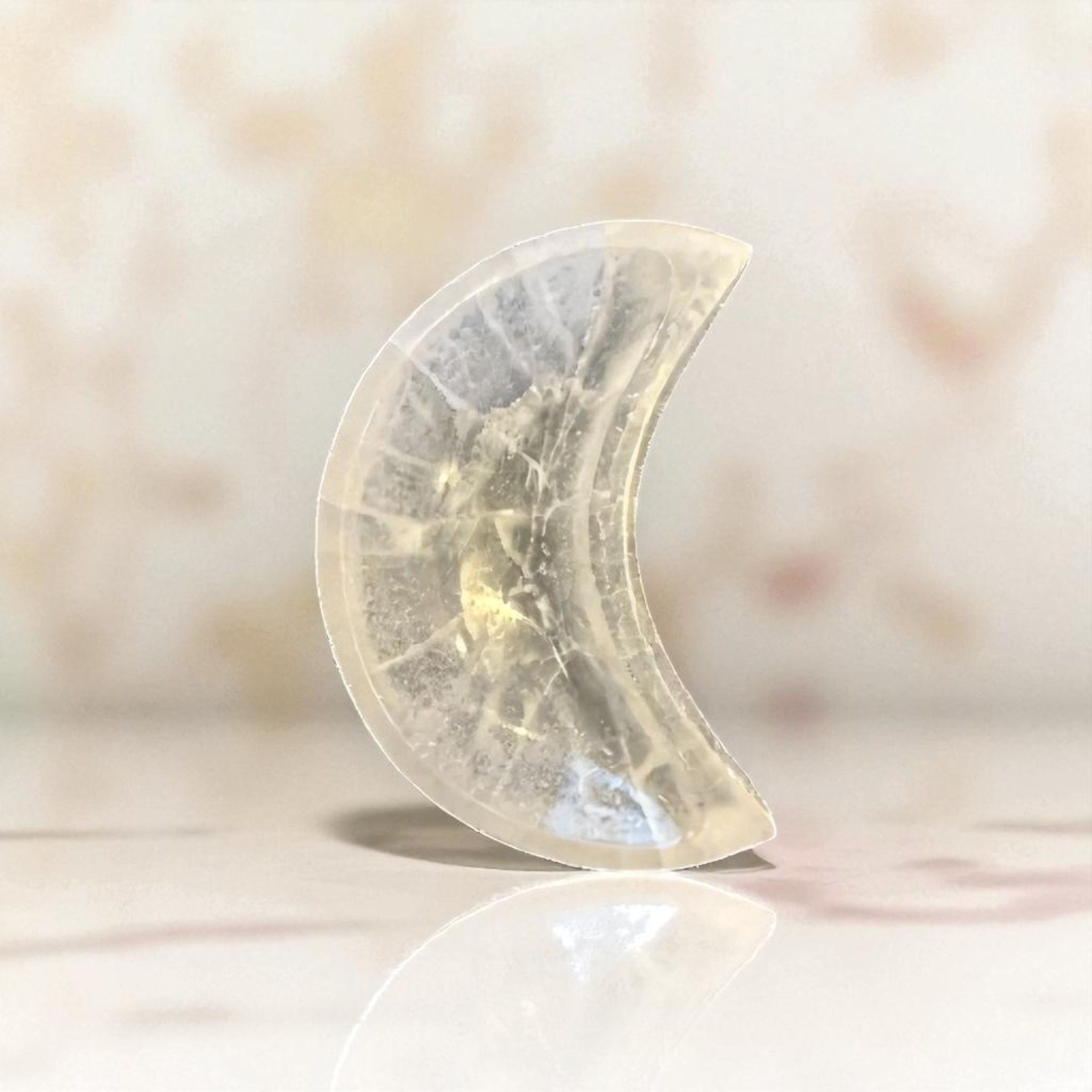 🌙 Selenite Crescent Moon Bowl – 4″ | Hand-Carved in Morocco