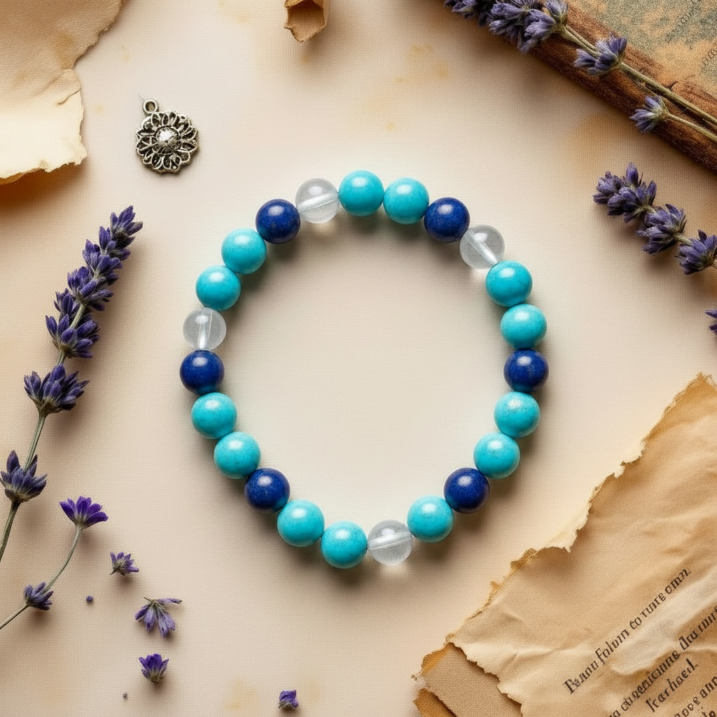 Turquoise, Lapis Lazuli, Crystal Quartz bracelet (6-6.5 MM) 7.15-7.25″