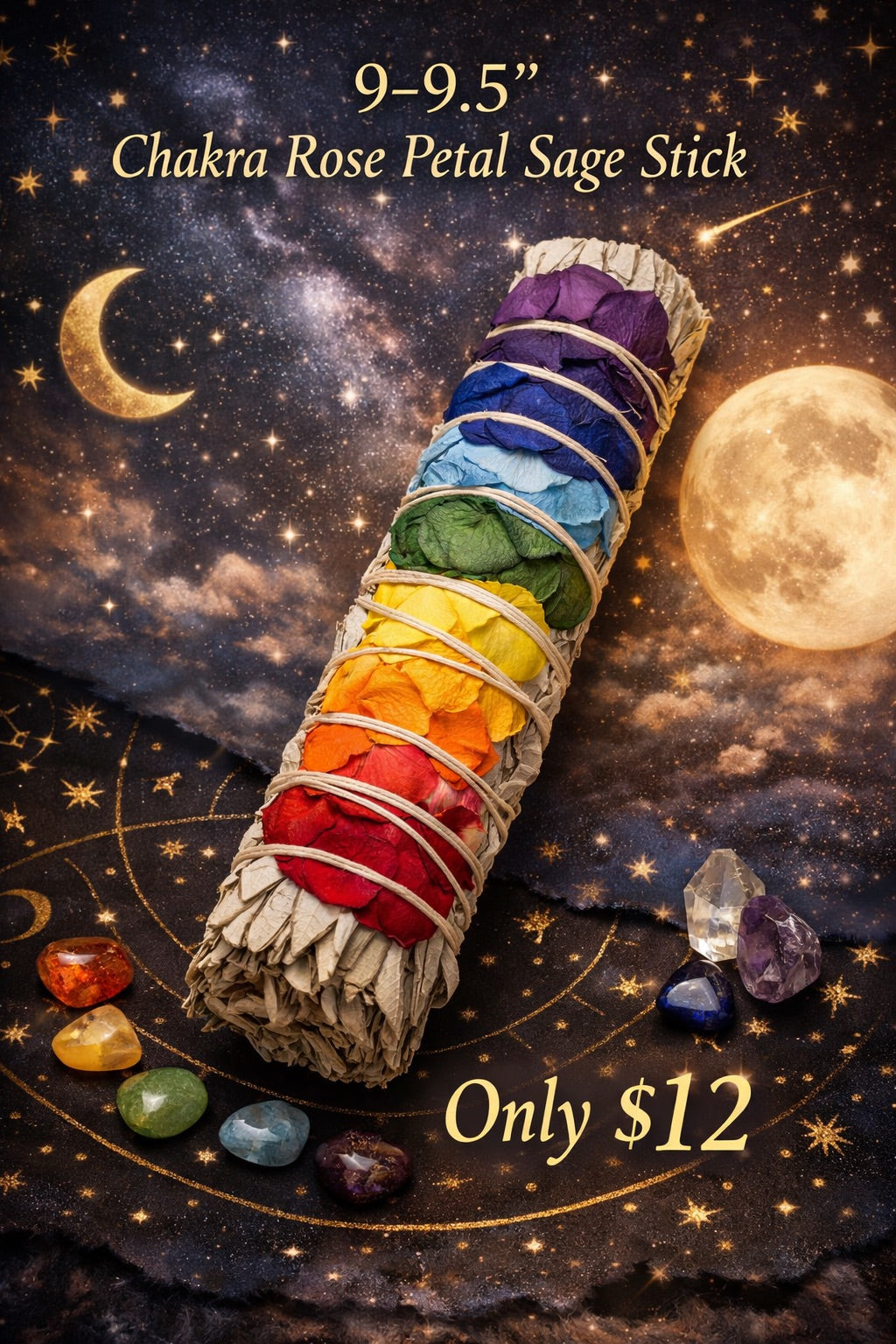 White Sage Smudge Stick 9-9.5" with Chakra Rose Petals