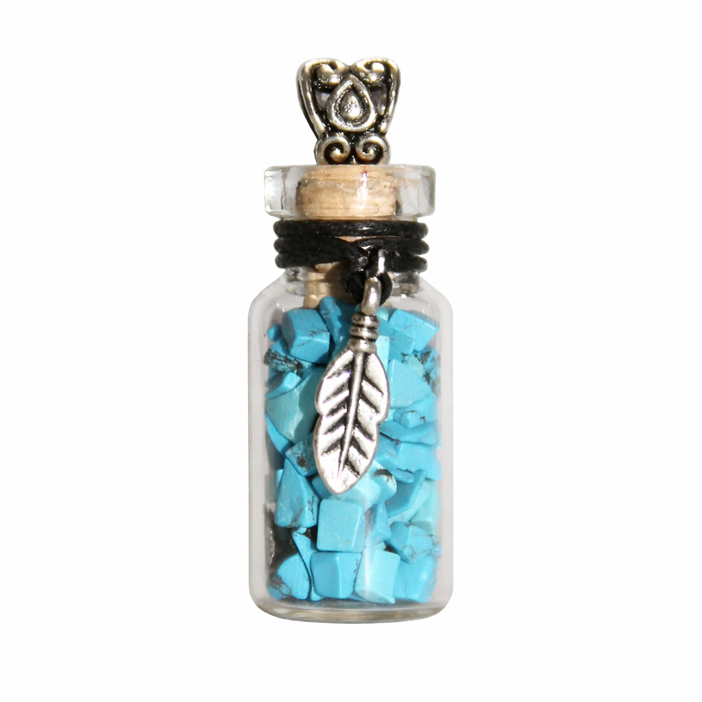 Turquoise Chip Stone Bottle Necklace with Feather (1.5” H)
